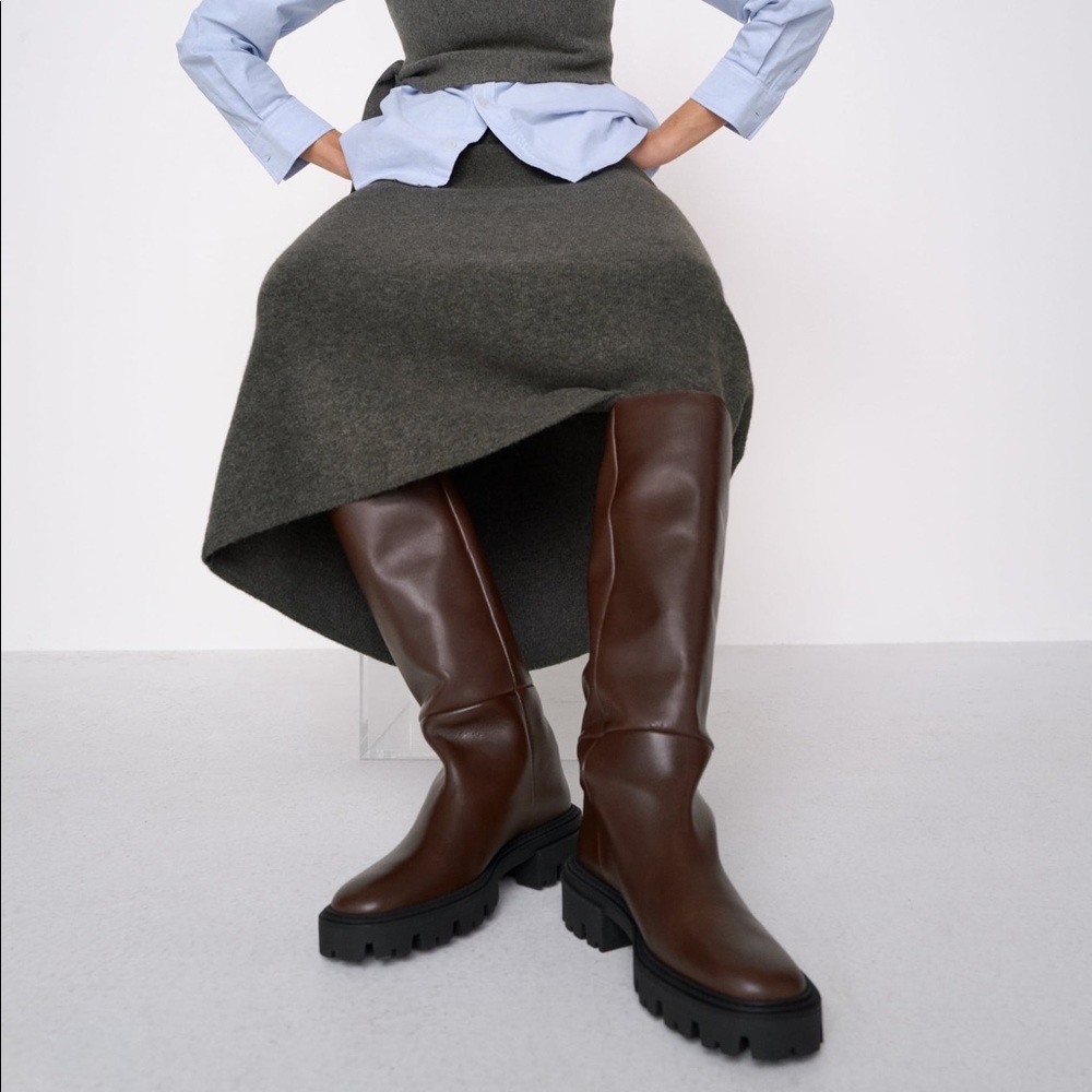 Zara Brown Knee-High Chunky Sole Leather Boots - Picture 11 of 17
